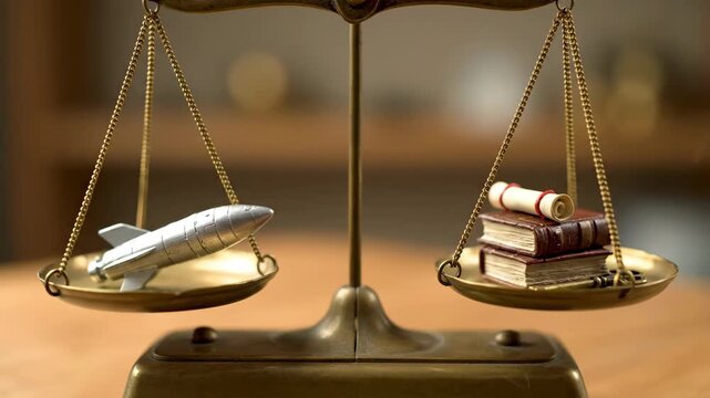 Balance Between Knowledge and Innovation - This video features a classic balancing scale, with a silver rocket model on one side and a stack of books alongside a scroll on the other.
