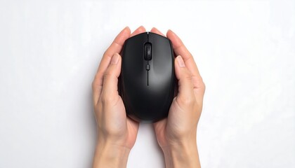 Hands holding a black computer mouse