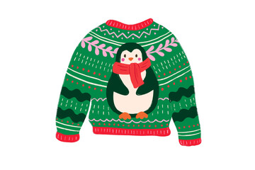Green knitted Christmas sweater with a cute penguin wearing a red scarf Clipart Design