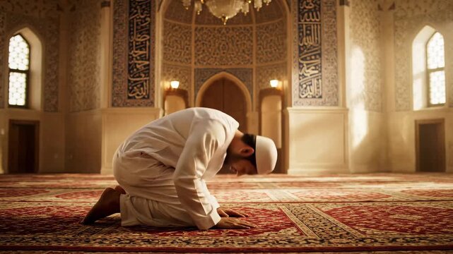 Muslim Man Praying in Mosque - A Muslim man is prostrating in prayer inside a mosque with intricate architectural details and a red patterned carpet.