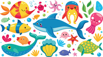 A vibrant and playful collection of cute cartoon sea creatures and marine life swimming in a colorful underwater ocean scene