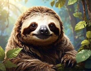 Close-up of a smiling sloth in a lush jungle setting