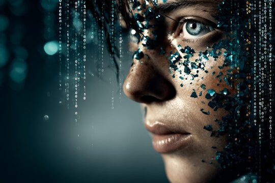 Futuristic woman face transforming into digital binary code and glowing particles, concept of artificial intelligence, virtual identity and cyber technology