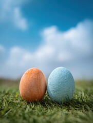 Fototapeta premium Colorful Decorative Eggs Sit on Green Grass Under a Clear Blue Sky With Fluffy Clouds, Creating a Vibrant Spring Atmosphere During an Outdoor Celebration