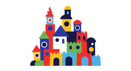 Obraz premium Colorful Toy Block Castle Illustration with Towers and Arches.