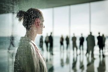 Businesswoman in modern office looking through glass wall with binary code overlay symbolizing digital transformation, cybersecurity and data management in workplace