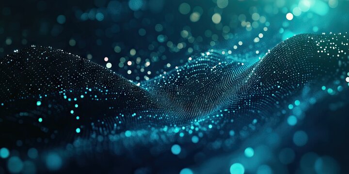 An abstract digital artwork featuring a wavy, glowing surface with blue and green bokeh effects, creating a dynamic
