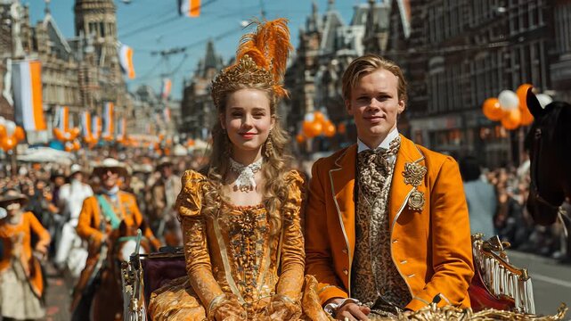 Kingsday Celebration in Amsterdam: Young Couple in Traditional Orange Attire Riding in Parade, Festive Atmosphere, Netherlands