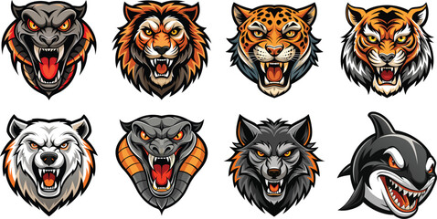Collection of fierce animal head illustrations featuring a wolf tiger lion leopard bear cobra shark and jaguar with aggressive expressions