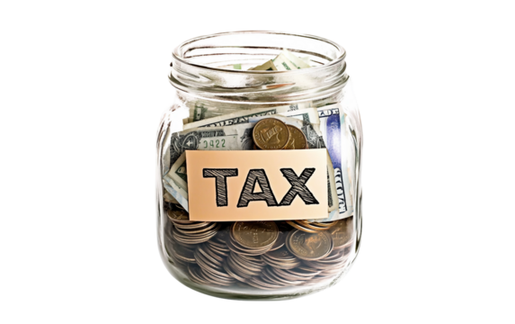 Savings jar labeled TAX containing mixed currency coins for accounting and tax preparation concept isolated on transparent background PNG