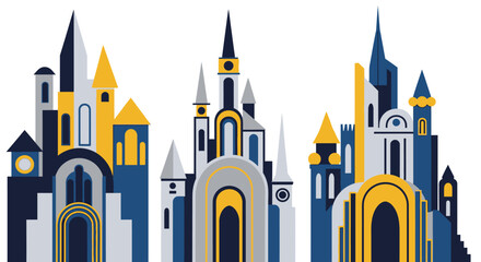 Colorful vector illustration of a fantasy castle cityscape.