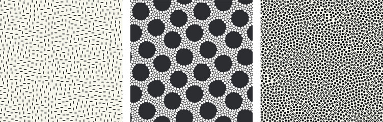 Vector seamless pattern set. Scattered tiny shapes. Stylish structure of natural dots. Hand drawn abstract background. Can be used as swatch in Illustrator. Monochrome minimal print. Spotty circles.