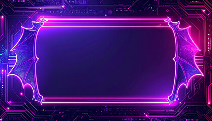 Neon purple cyberbat frame with glowing circuit background and empty center for text, futuristic eerie mood, vibrant lighting and metallic texture