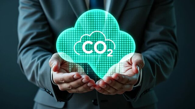 Businessman holding a glowing co2 cloud in his hands, representing carbon emissions and environmental impact and animation video 4k