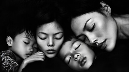 A woman and her children are sleeping in a bed. The woman is laying on top of the children