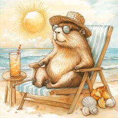 A cartoon of a small brown animal sitting in a beach chair with a glass of orange juice in front of it