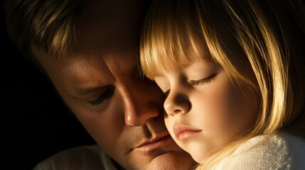 A man is holding a small child in his arms. The child is sleeping and the man is looking at the child with a gentle expression. Scene is peaceful and loving