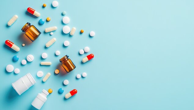 Various pills and two open bottles scattered on a light blue background, representing a collection of medications