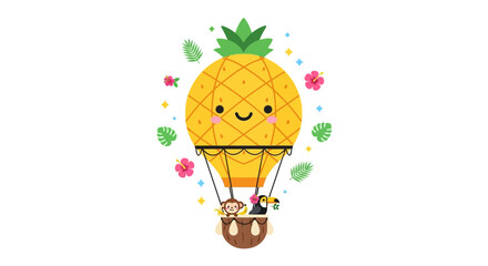 Obraz premium Cute pineapple hot air balloon with happy face and passengers.