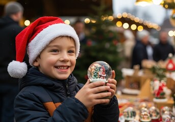 smiling boy in santa hat holding snow globe at festive christmas market in winter