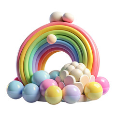 Whimsical rainbow arch surrounded by colorful spheres and cloud shapes transparent background