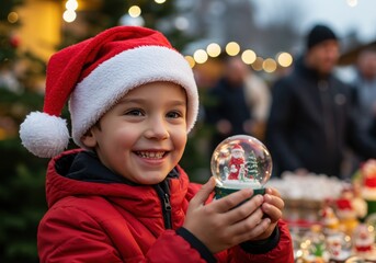Naklejka premium joyful child holding snow globe at festive christmas market in winter evening
