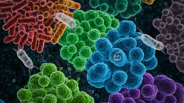 Microscopic Bacteria and Viruses - An artistic, colorful visualization depicts various types of bacteria and virus cells. The video showcases cocci bacteria, bacillus bacteria, and floating viruses.