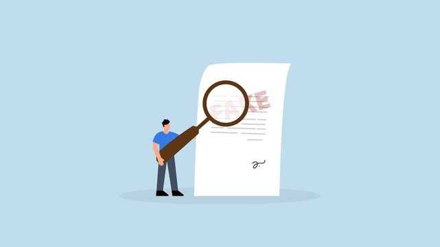 Fake document, clever entrepreneur examiner employing magnifying lens to check counterfeit document