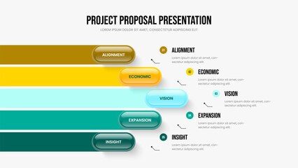 Business Growth Presentation Design Vector Illustration. Consulting Visualization 5 Step Diagram Frame Layout. Investor Showcase Five Element Infographic Slide Template.