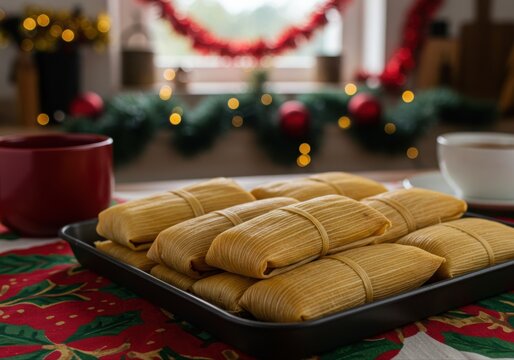traditional mexican tamales on holiday table with festive decorations and warm lighting