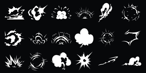 Collection of 20 White Cartoon Explosion and Impact Effects on Black Background © Islam