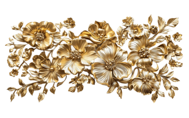 Elegant gold metallic wall art panel featuring intricate floral design for luxurious home decor isolated on transparent background PNG