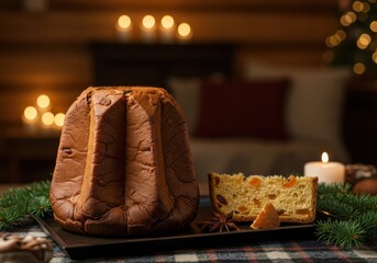 festive pandoro cake with dried fruits on wooden table, cozy christmas atmosphere