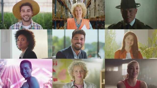 Mosaic of multi-ethnic people with different professions and lifestyles looking at the camera and smiling, showing a diverse global community and the concept of multiculturalism