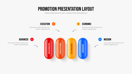 Consulting Portfolio 4 Element Diagram Slide Layout. Project Insight Four Step Infographic Slideshow Template. Digital Proposal Presentation Design Vector Illustration.
