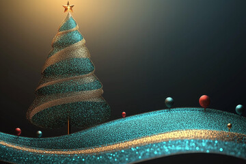 Golden luminous Christmas tree silhouette above glitter waves on black background, elegant holiday concept for modern seasonal design, luxury festive greeting card backdrop.