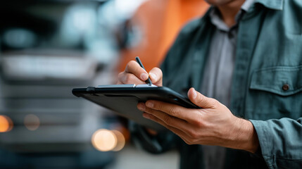 Tablet stylus signing ePOD on dock handoff faceless trailer bay defocused proof of delivery logistics tech contactless shipping docs with copy space