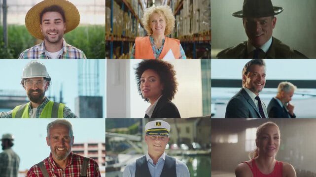 Multiscreen video showcasing a diverse group of people from different professions, including a farmer, a construction worker, and a businesswoman, representing a global and multiethnic society