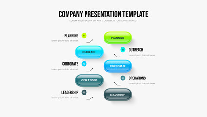 Advertising Overview Presentation Template Vector Illustration. Project Portfolio 5 Step Infographic Frame Layout. Investor Development Five Option Diagram Slideshow Design.