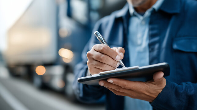 Tablet stylus signing ePOD on dock handoff faceless trailer bay defocused proof of delivery logistics tech contactless shipping docs with copy space