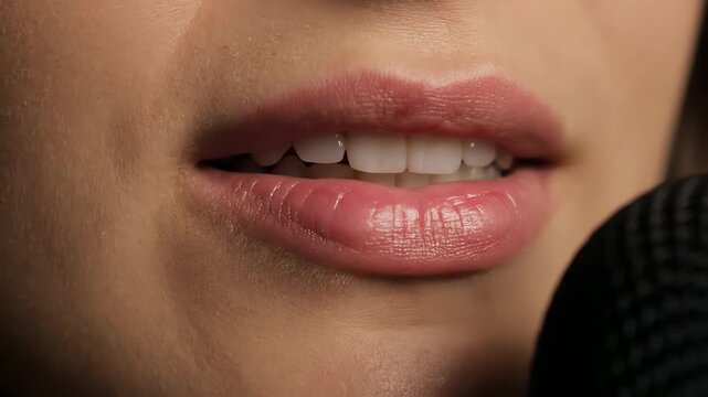 Close-up of Woman's Lips and Mouth Movements Mimicking Speech, Demonstrating Facial Expressions and Articulation Techniques in Detail
