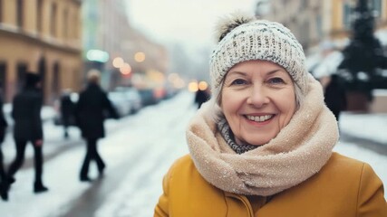 Happy senior woman in winter city
- Powered by Adobe
