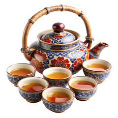 A traditional chinese tea set with a beautifully decorated teapot and five small cups, isolated on transparent background