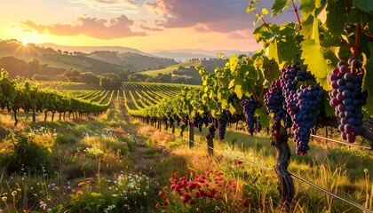 Obraz premium Stunning Vineyard Landscape at Sunset with Lush Grapes and Green Vines