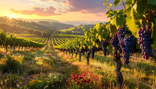Stunning Vineyard Landscape at Sunset with Lush Grapes and Green Vines