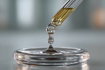 A close-up shot of a pipette releasing a golden liquid into a petri dish, used in scientific research for experiments, showcasing the precision of laboratory work.