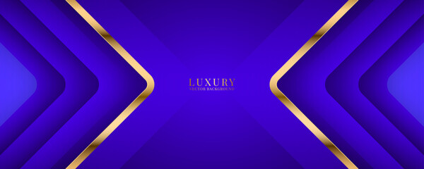 3D purple luxury abstract background overlap layer on dark space with golden arrow lines effect decoration. Modern graphic design element cutout style concept for web, flyer, card, or brochure cover