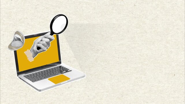 Hand out of laptop with magnifying glass