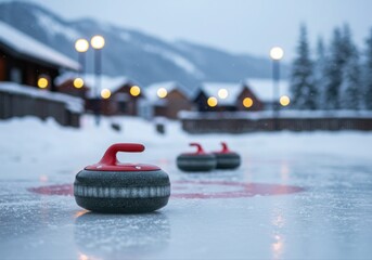 curling stones on outdoor ice rink in snowy winter landscape with warm lights at dusk