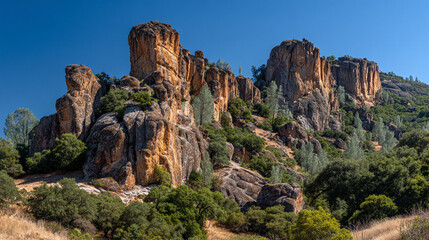Fototapeta premium Towering golden rock formations rise dramatically against a clear blue sky, revealing the timeless beauty of desert cliffs and rugged landscapes. The warm sunlight enhances the golden tones of the sto